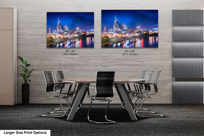 a dining room table with chairs and a picture of a city