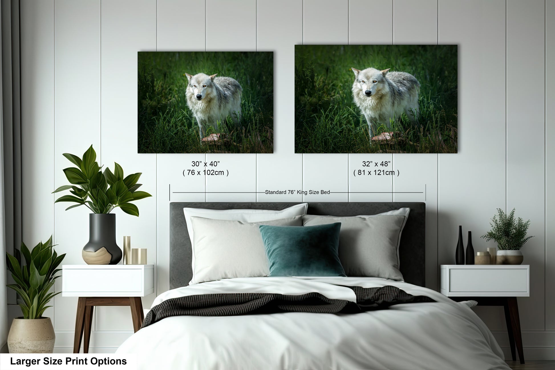 a bed with two pictures of a wolf on the wall