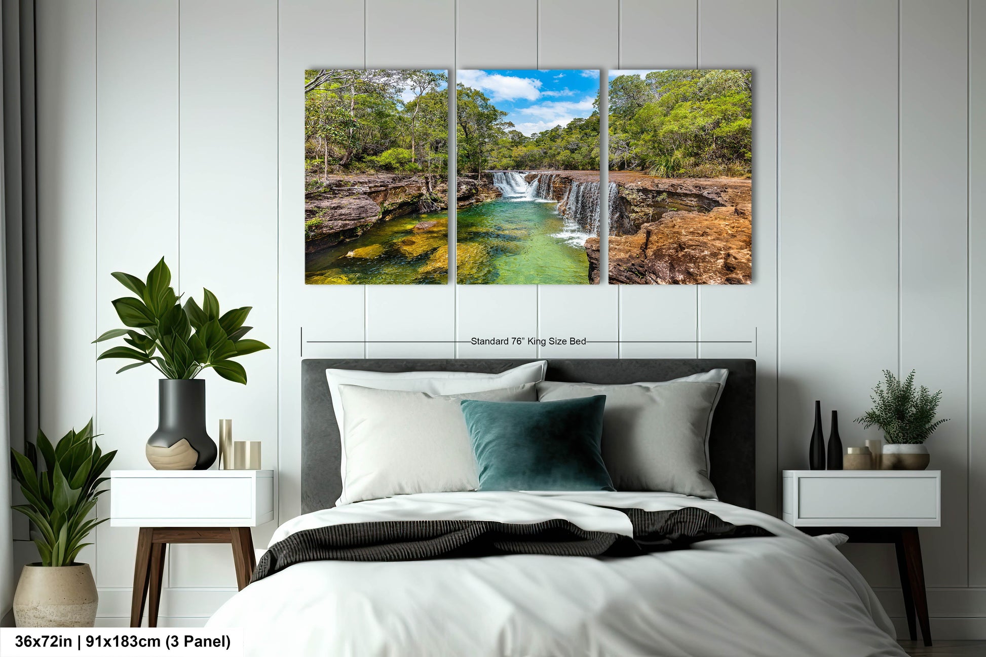 a bedroom scene with focus on the bed and a waterfall
