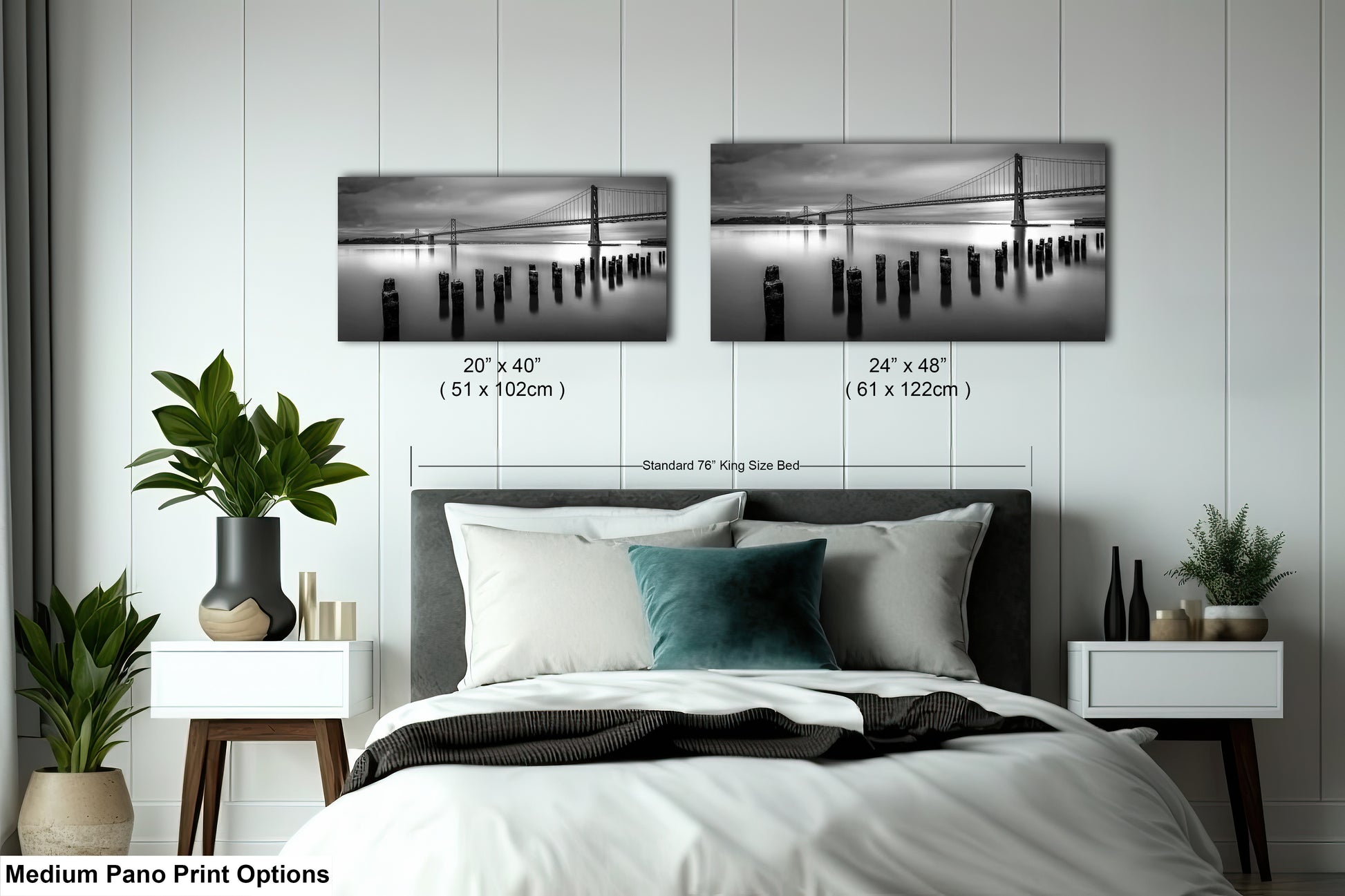 a bed room with a neatly made bed and two pictures on the wall