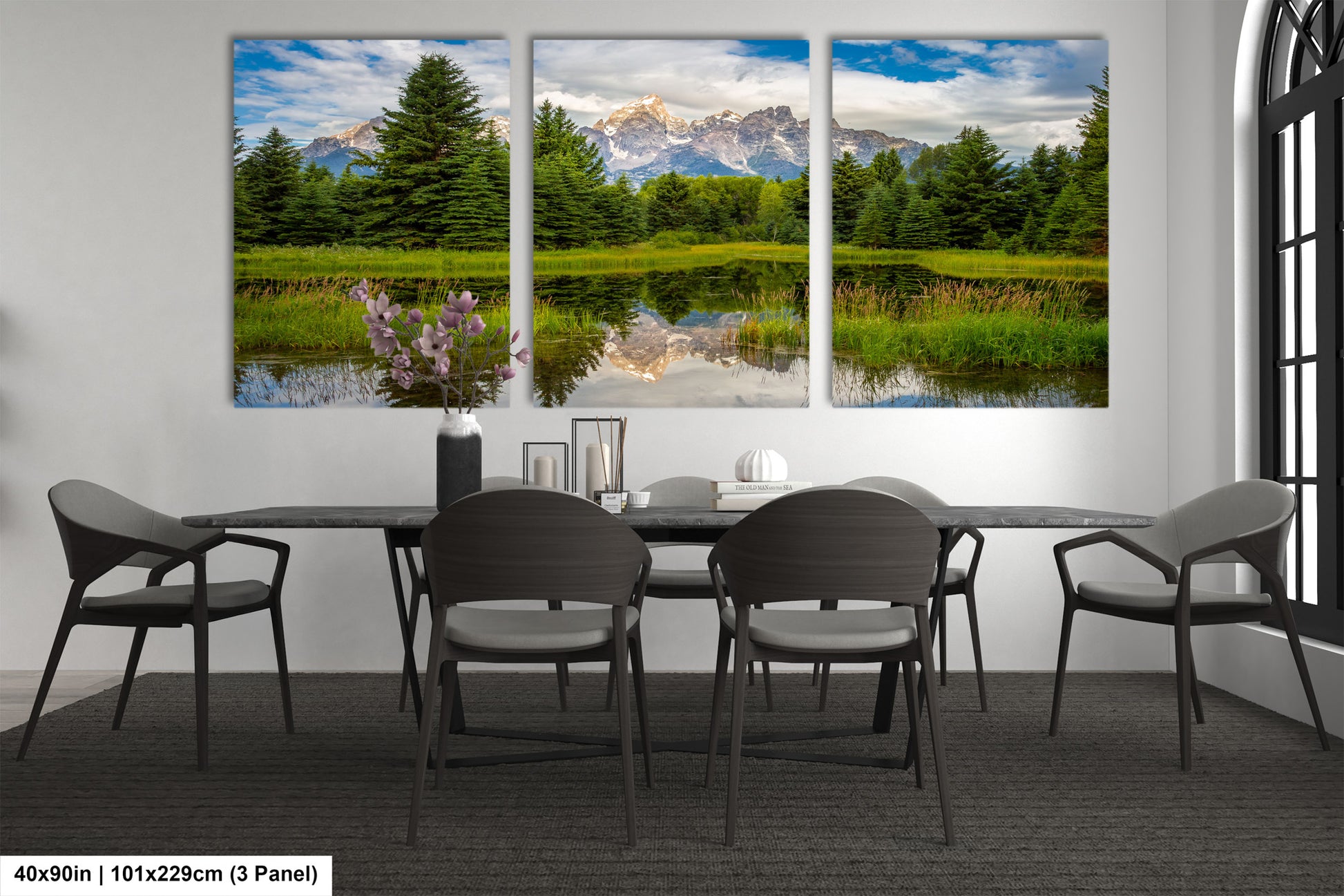 a dining room with a table and chairs