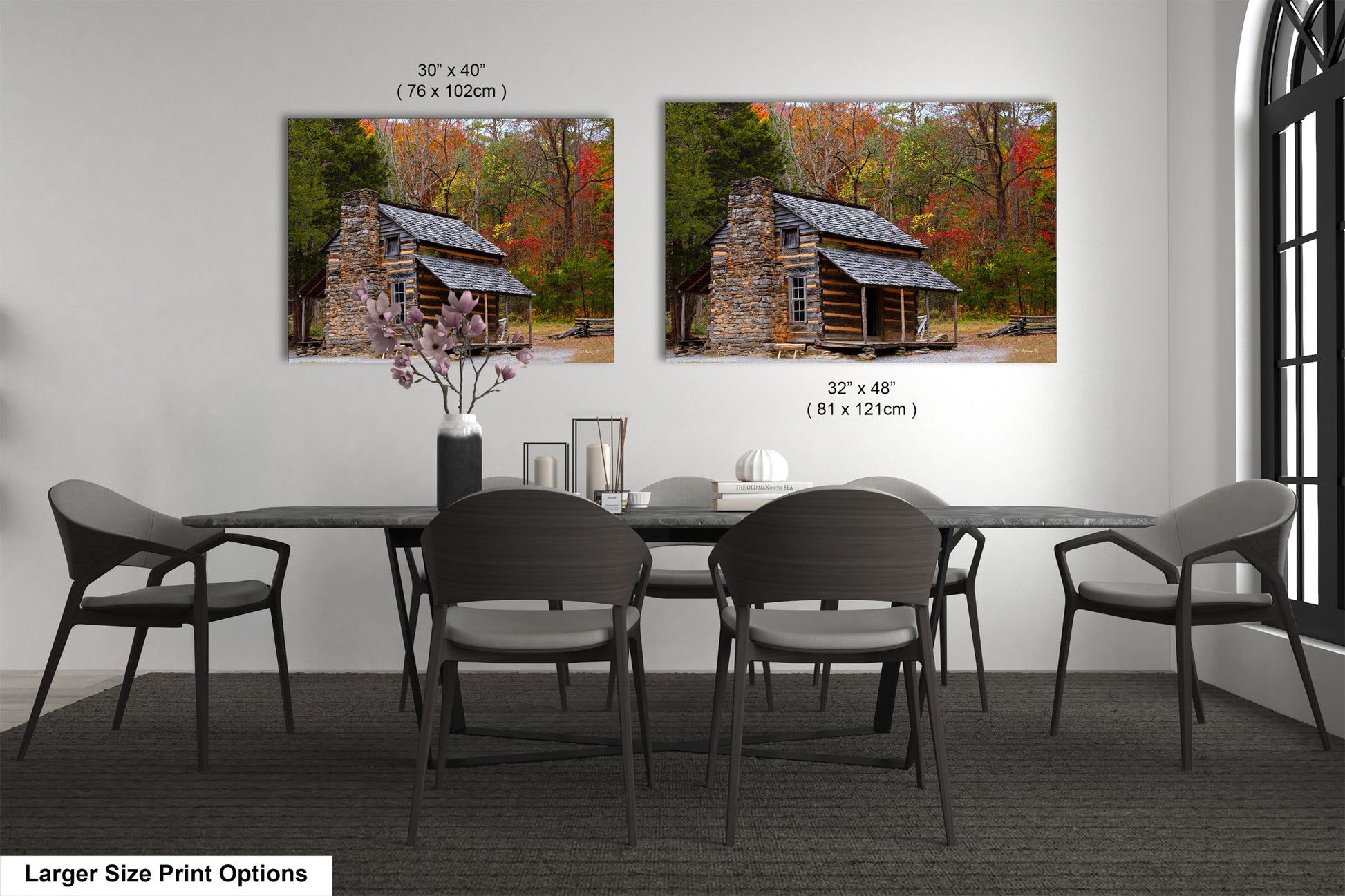 a dining room with a table and chairs