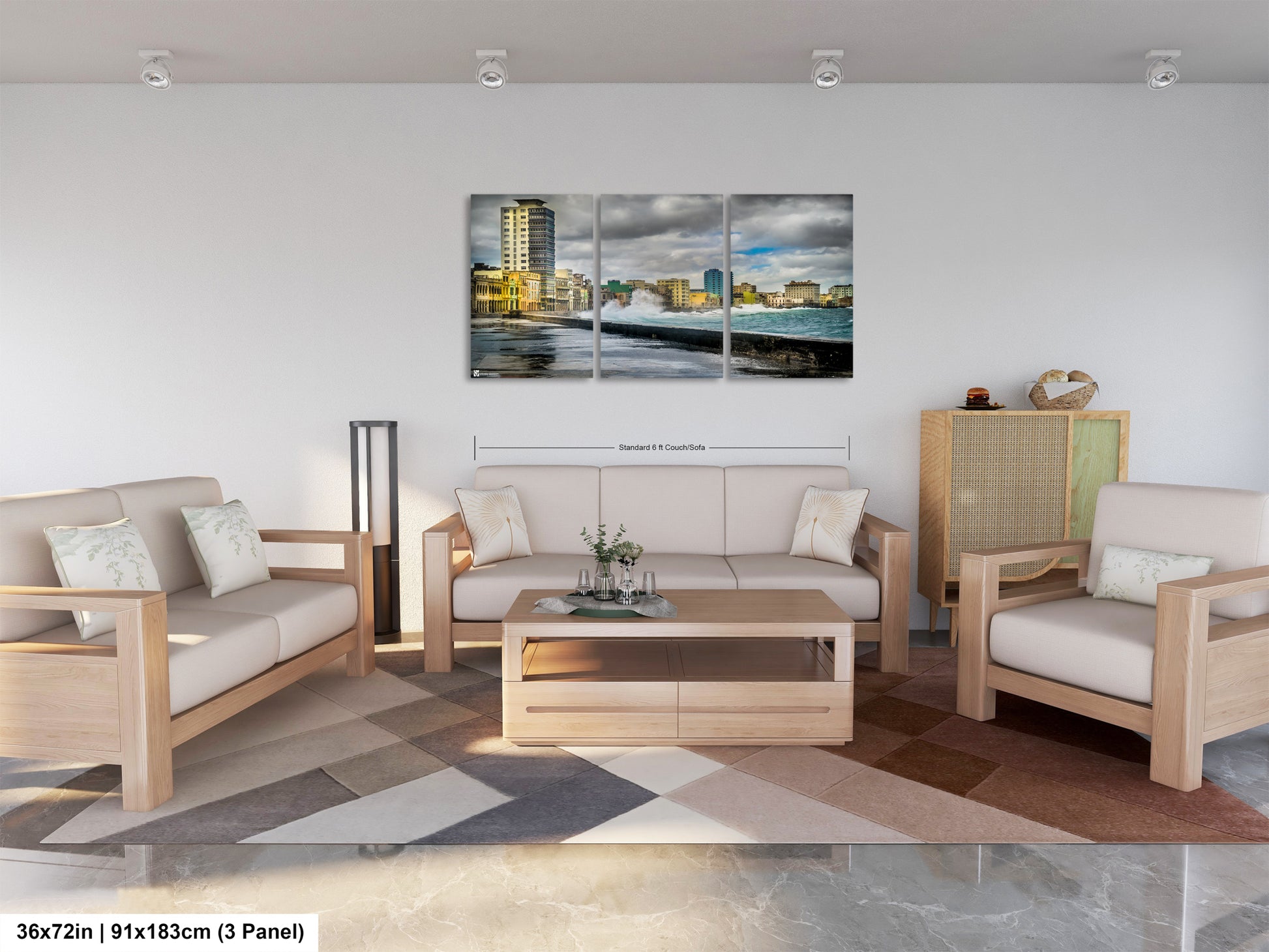 a living room filled with furniture and a painting on the wall