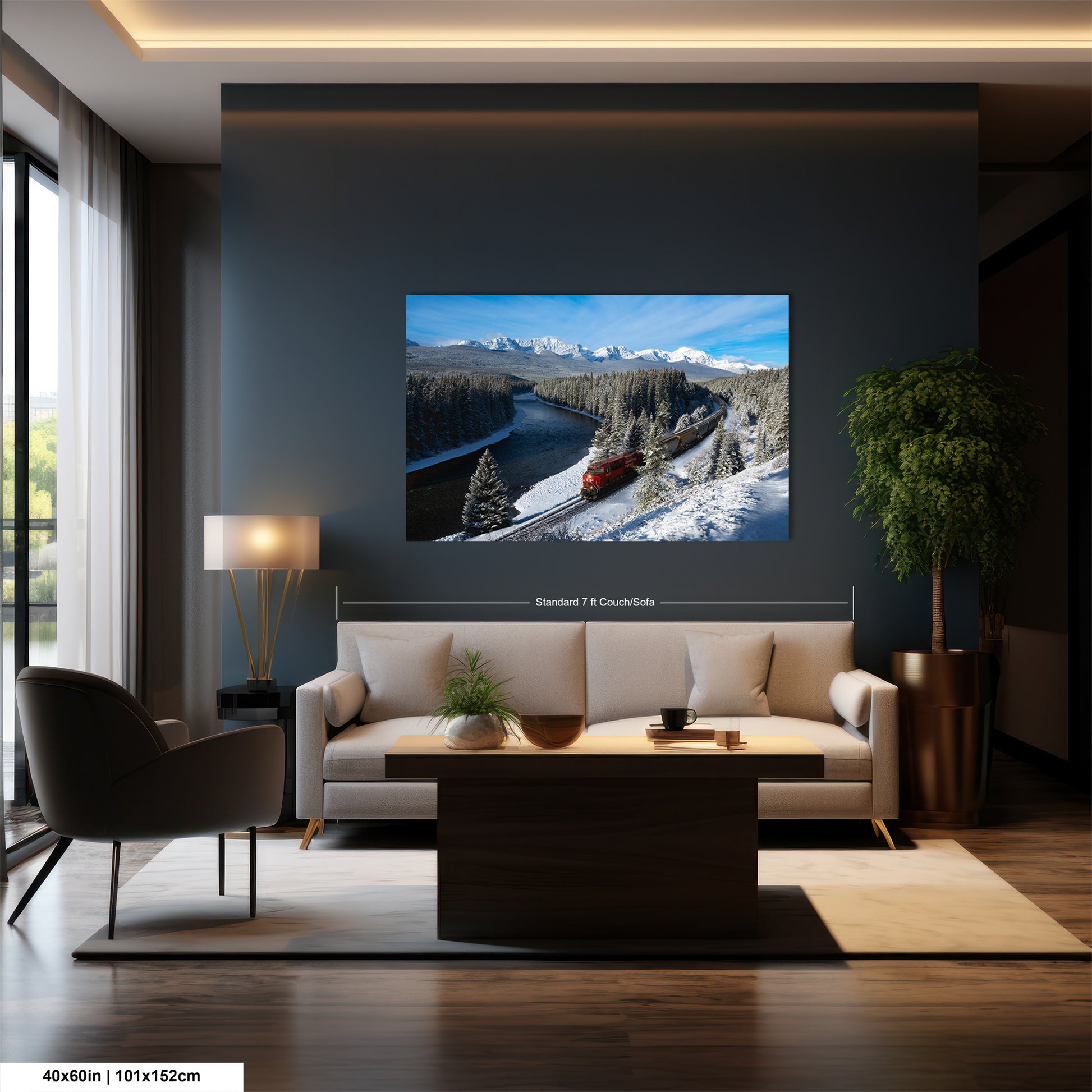 a modern living room with a large wall-mounted painting of a snowy mountain landscape featuring a train passing through the valley.