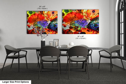 a dining room table with four chairs and two paintings on the wall