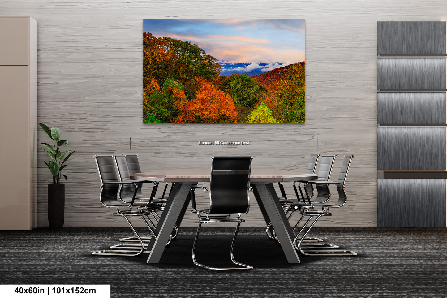 a dining room table with chairs and a painting on the wall