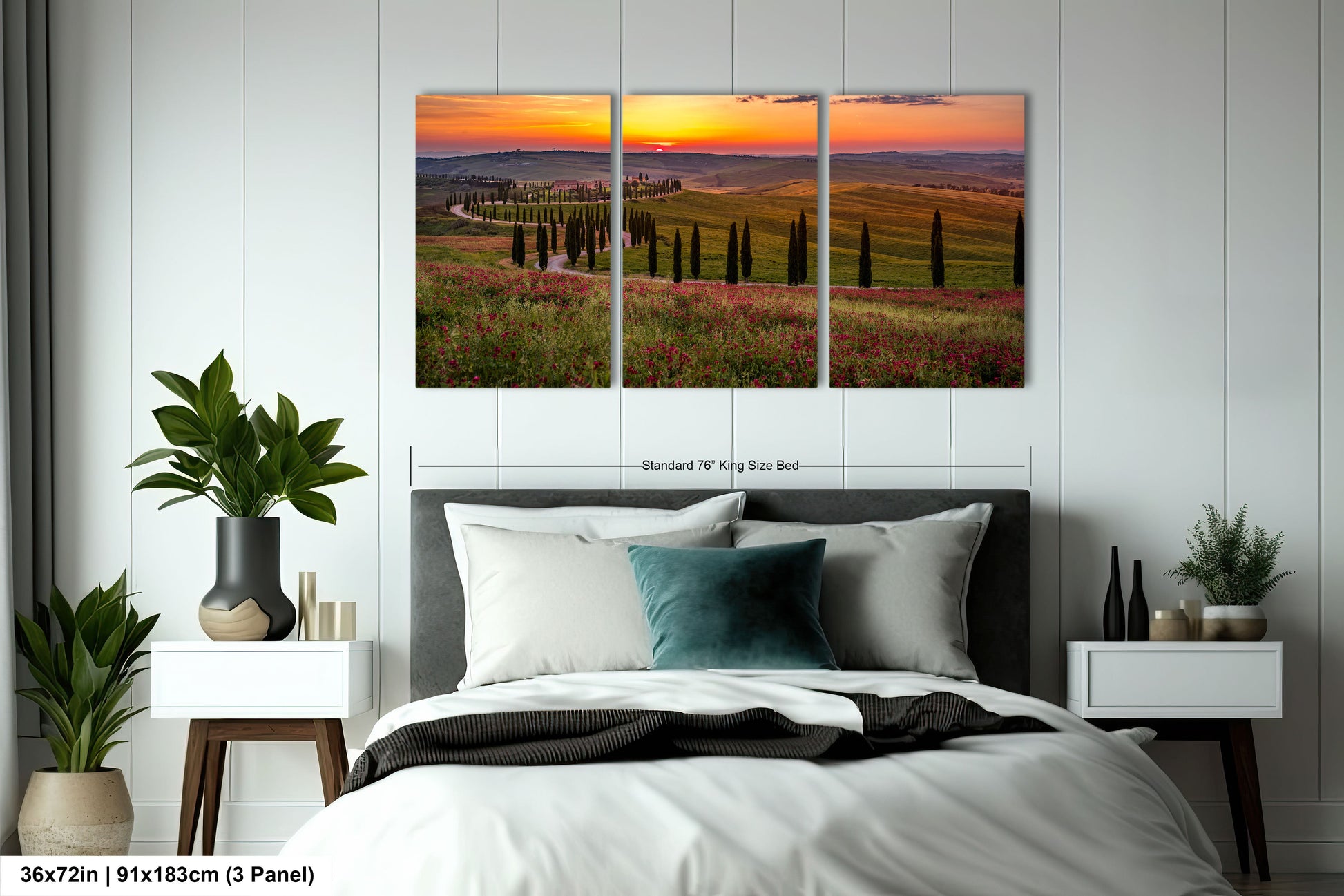 a bed room with a neatly made bed and three pictures on the wall