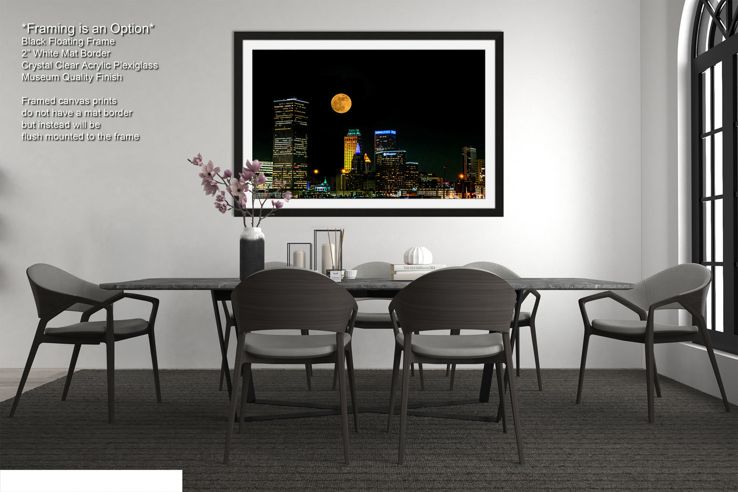 a picture of a city at night with a full moon