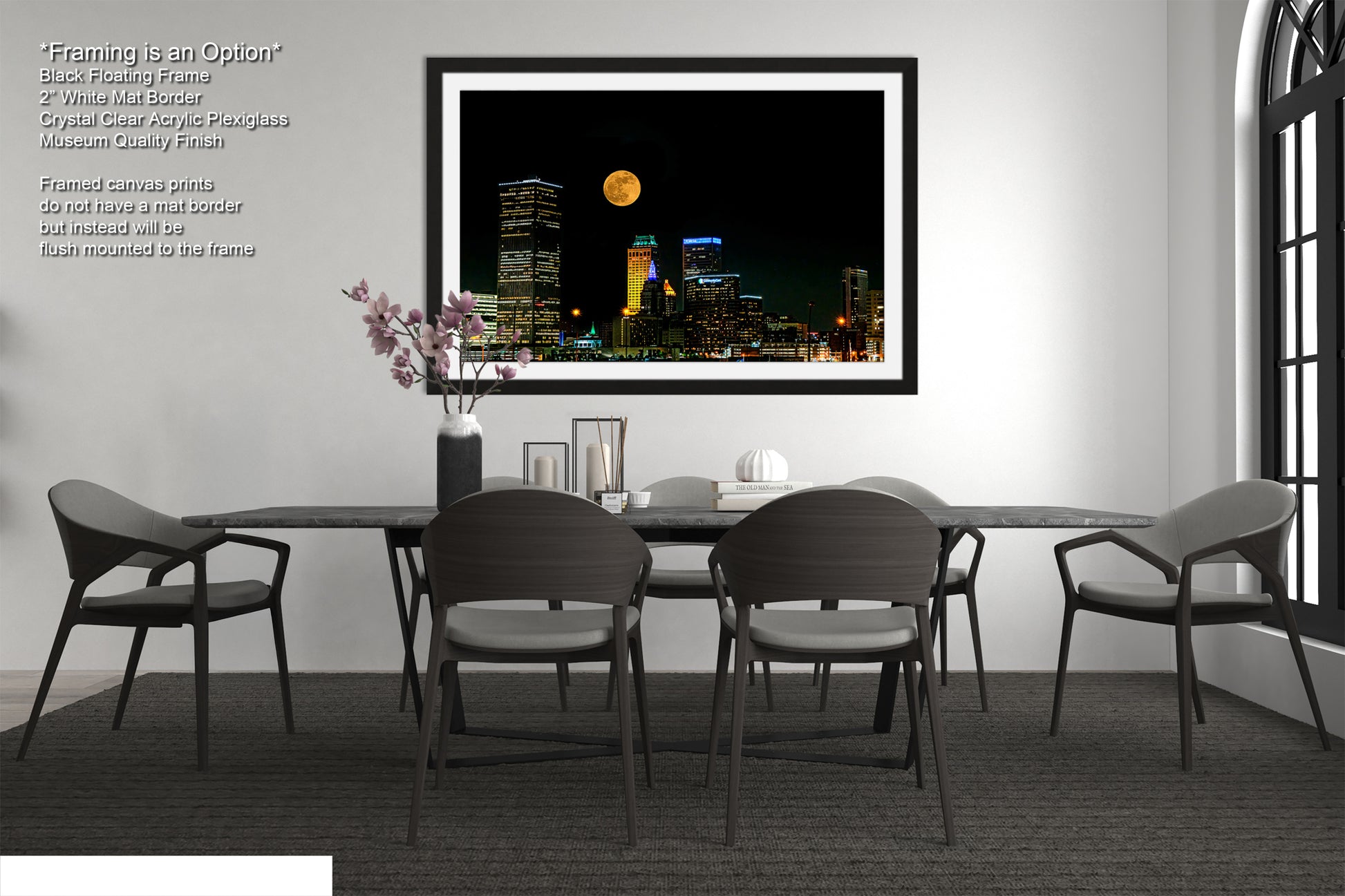 a picture of a city at night with a full moon