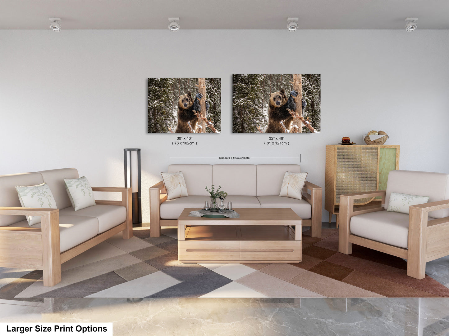 a living room with two pictures on the wall