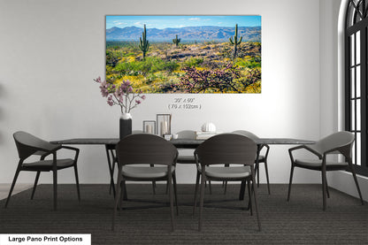 a large pano print depicting a desert landscape with cacti and mountains in the background.