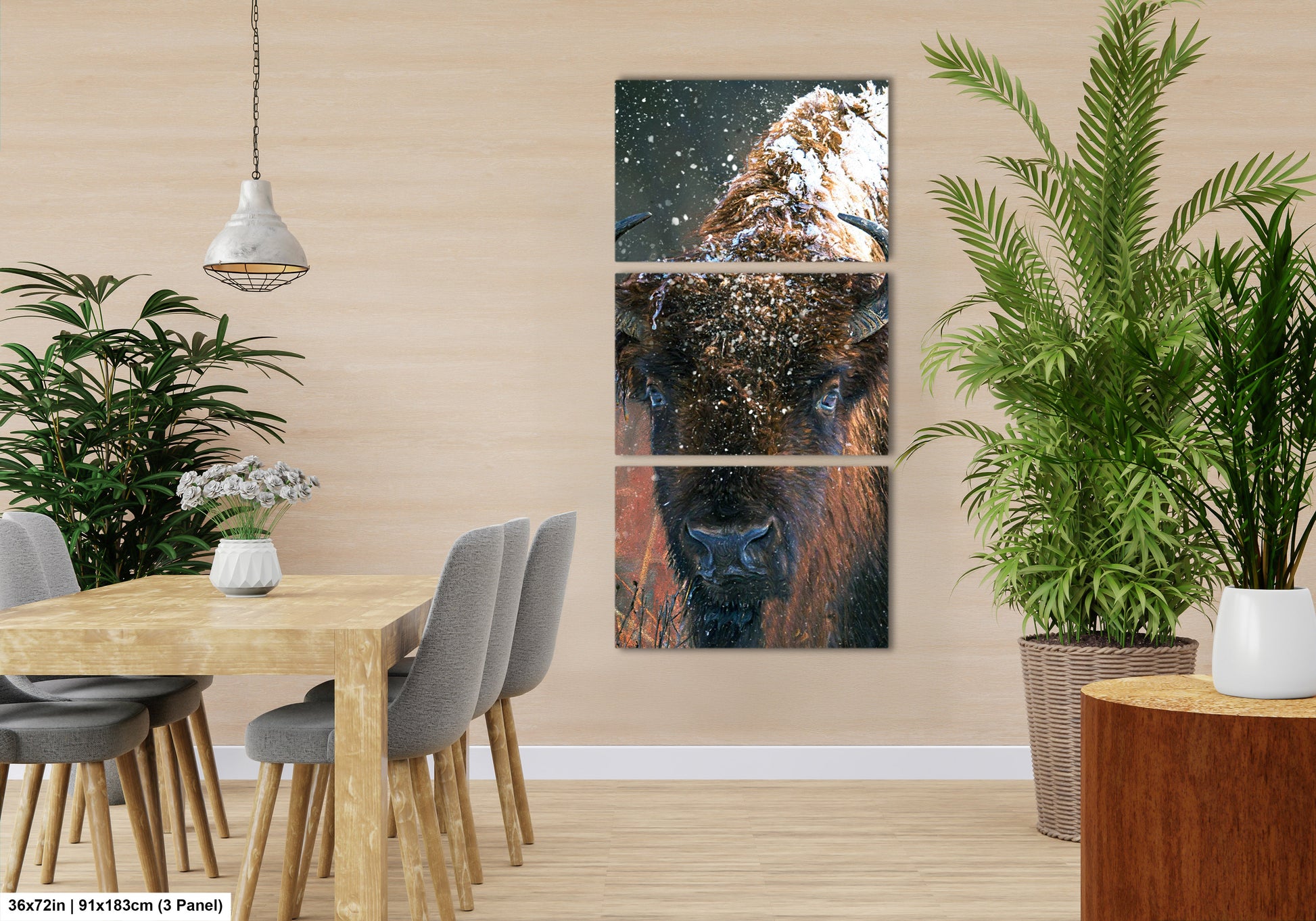 a room with a table and chairs and a painting on the wall