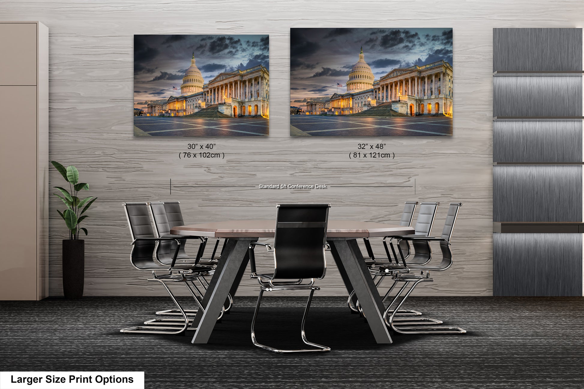 a dining room table with chairs in front of two pictures of the capitol building