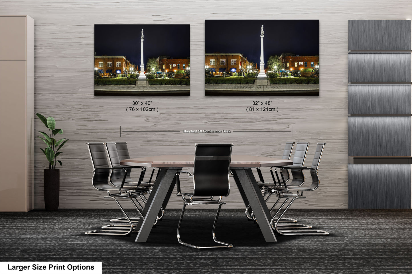 a room with a table and chairs and two pictures of a building