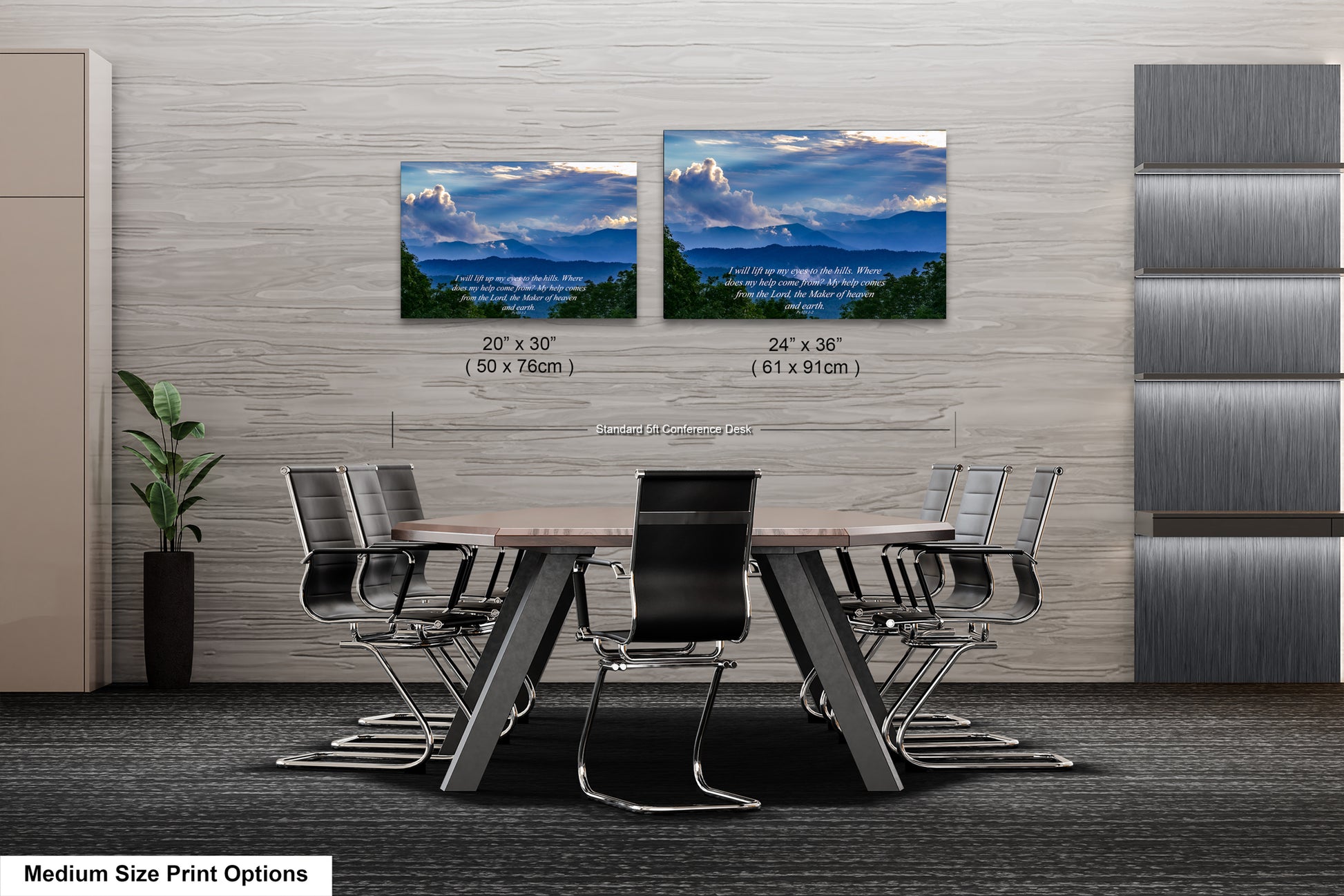 a dining room table with chairs and two pictures on the wall
