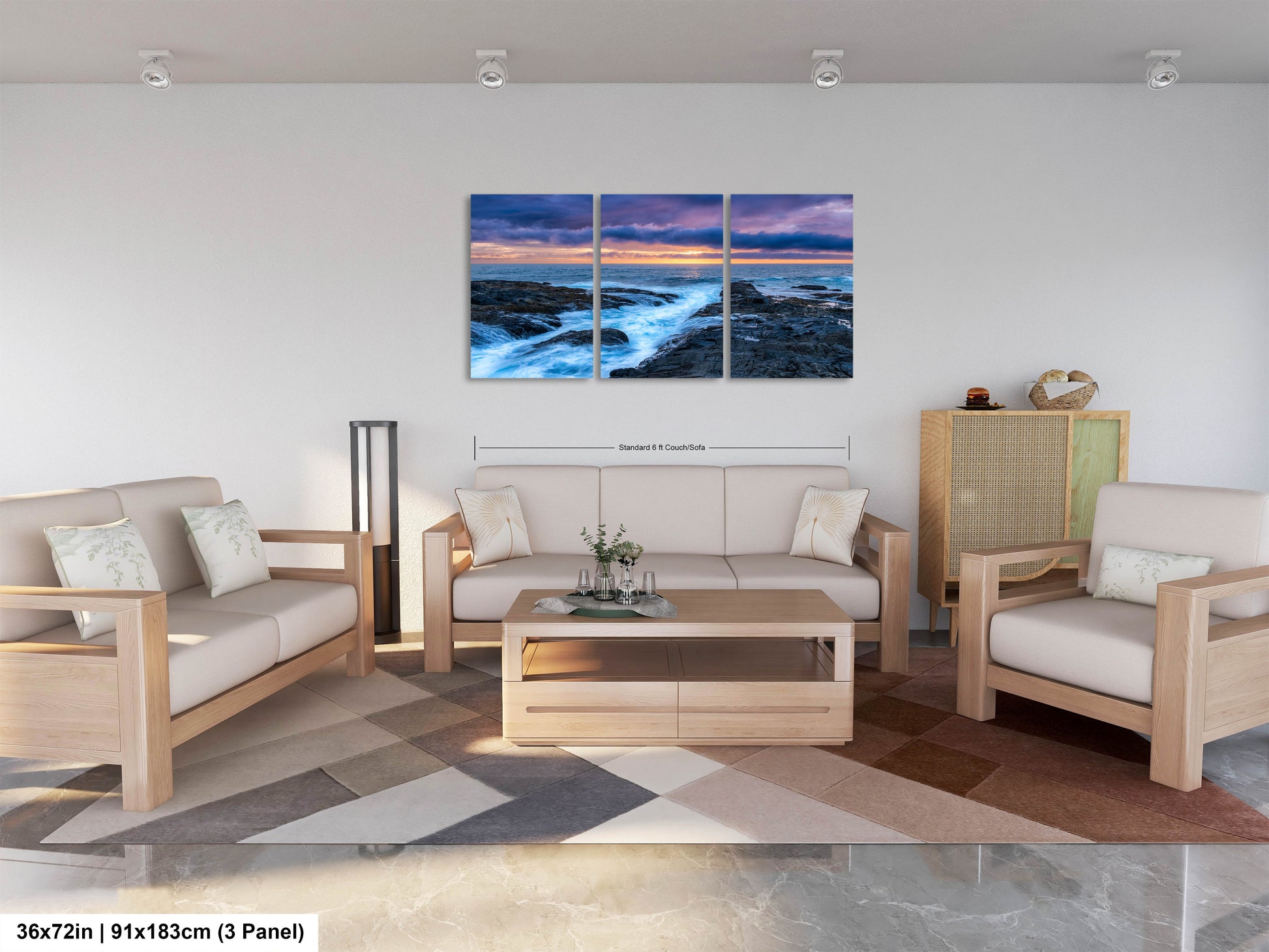 a living room filled with furniture and a painting on the wall