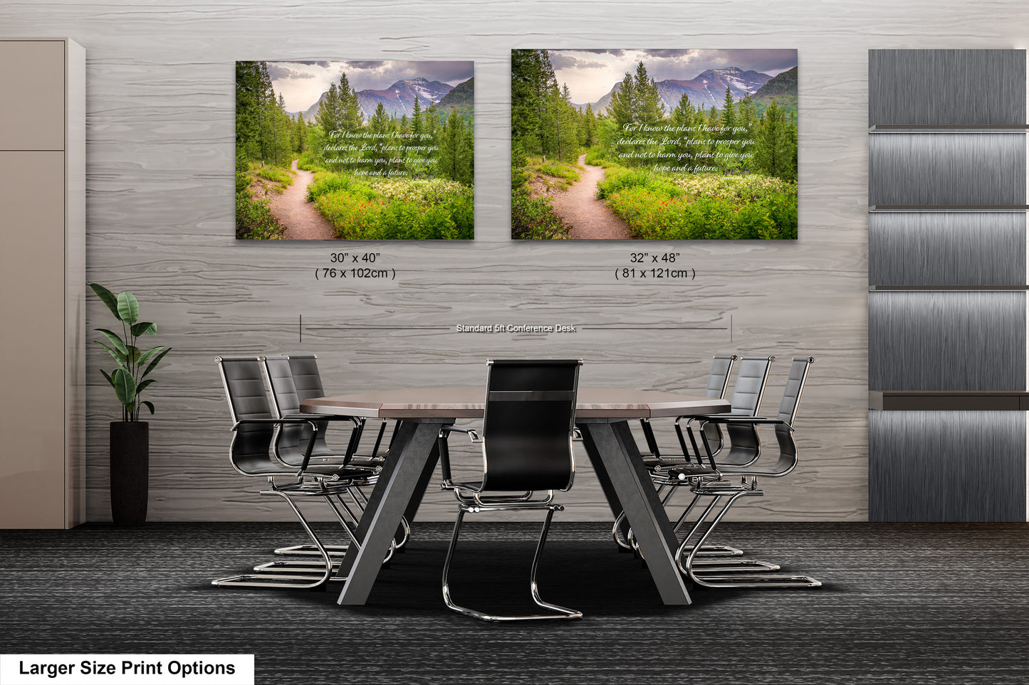 a dining room table with chairs and two pictures on the wall