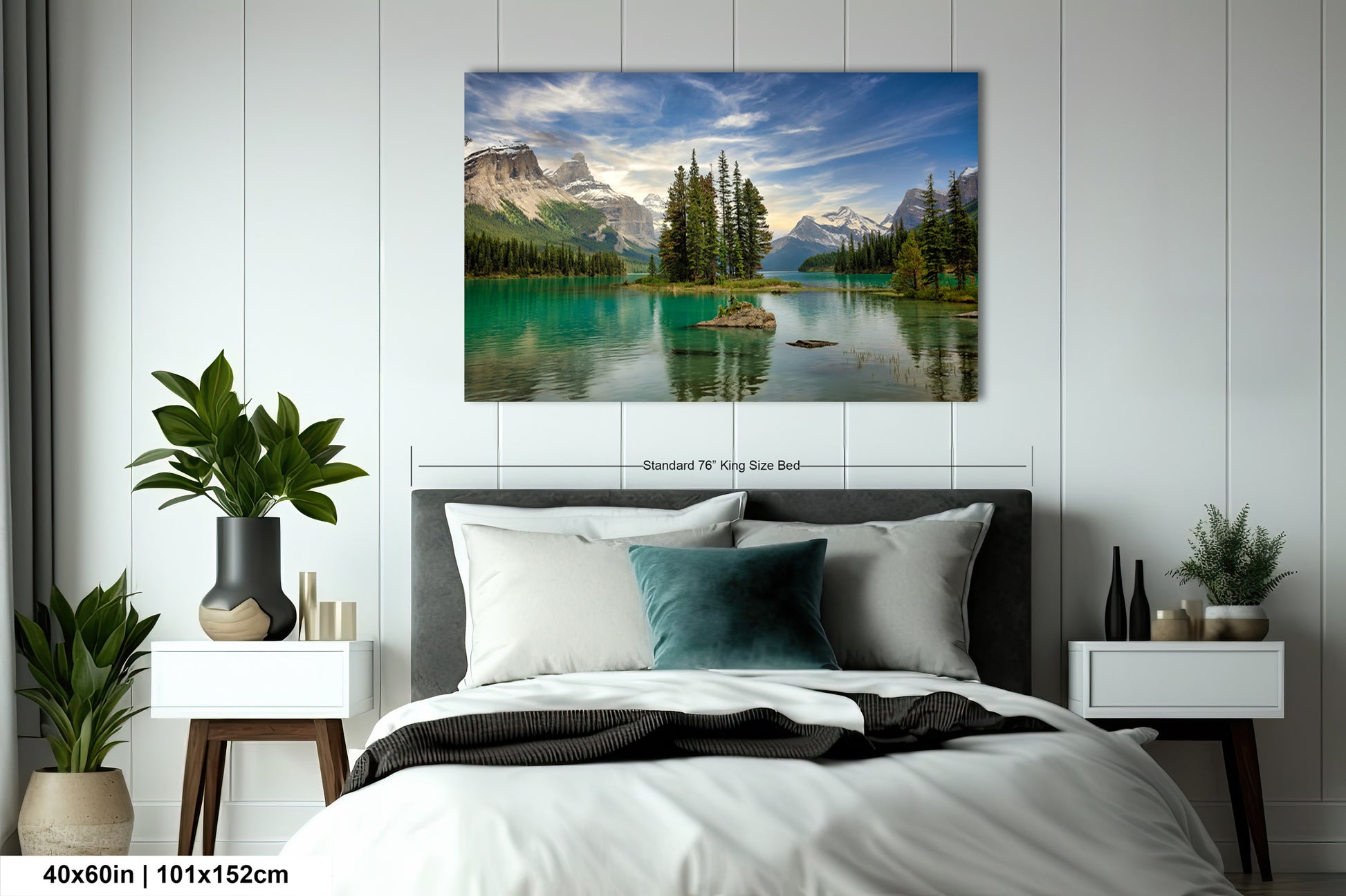 a bedroom with a bed and a painting on the wall