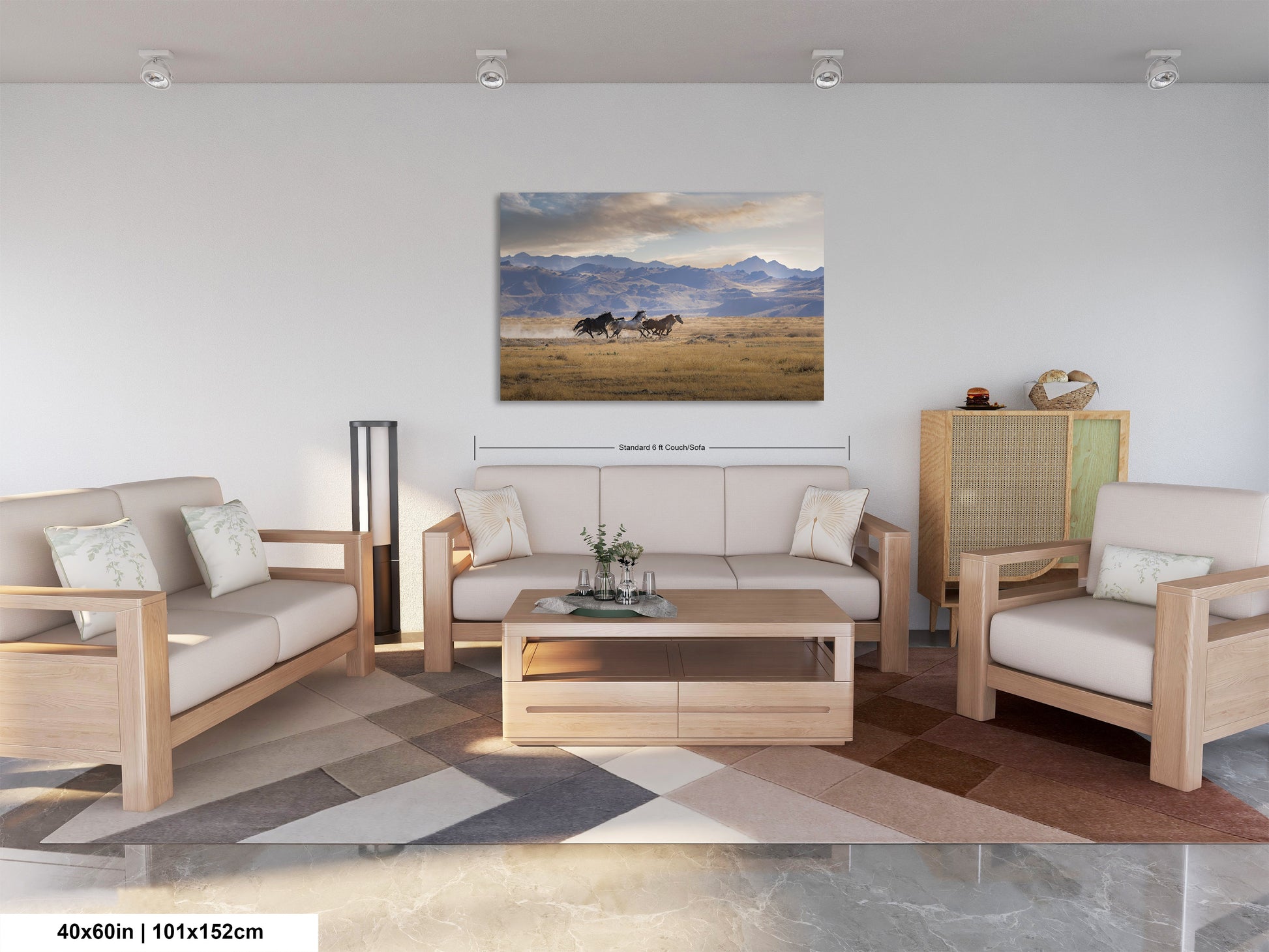 a living room filled with furniture and a painting on the wall