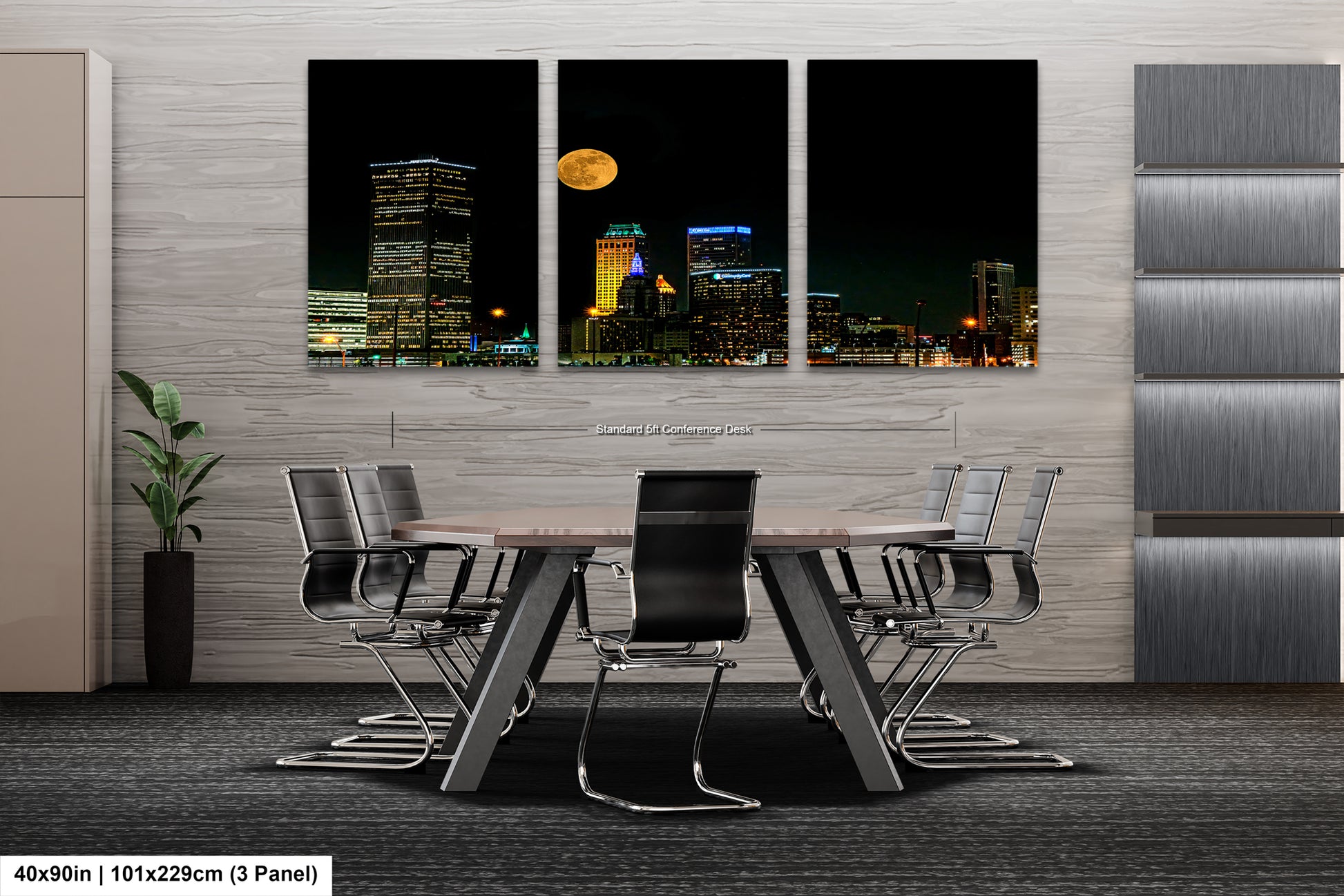 a dining room table with a view of a city at night