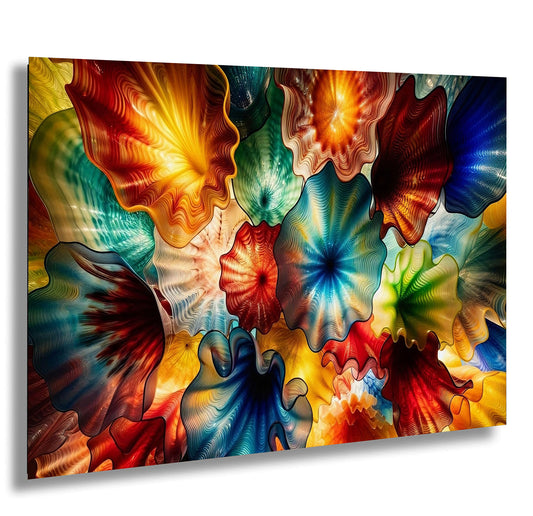 The image is a vibrant and colorful abstract artwork composed of various shapes and patterns, including flowers, leaves, and swirls in a variety of bright and vivid colors such as red, orange, yellow, green, blue, and purple.