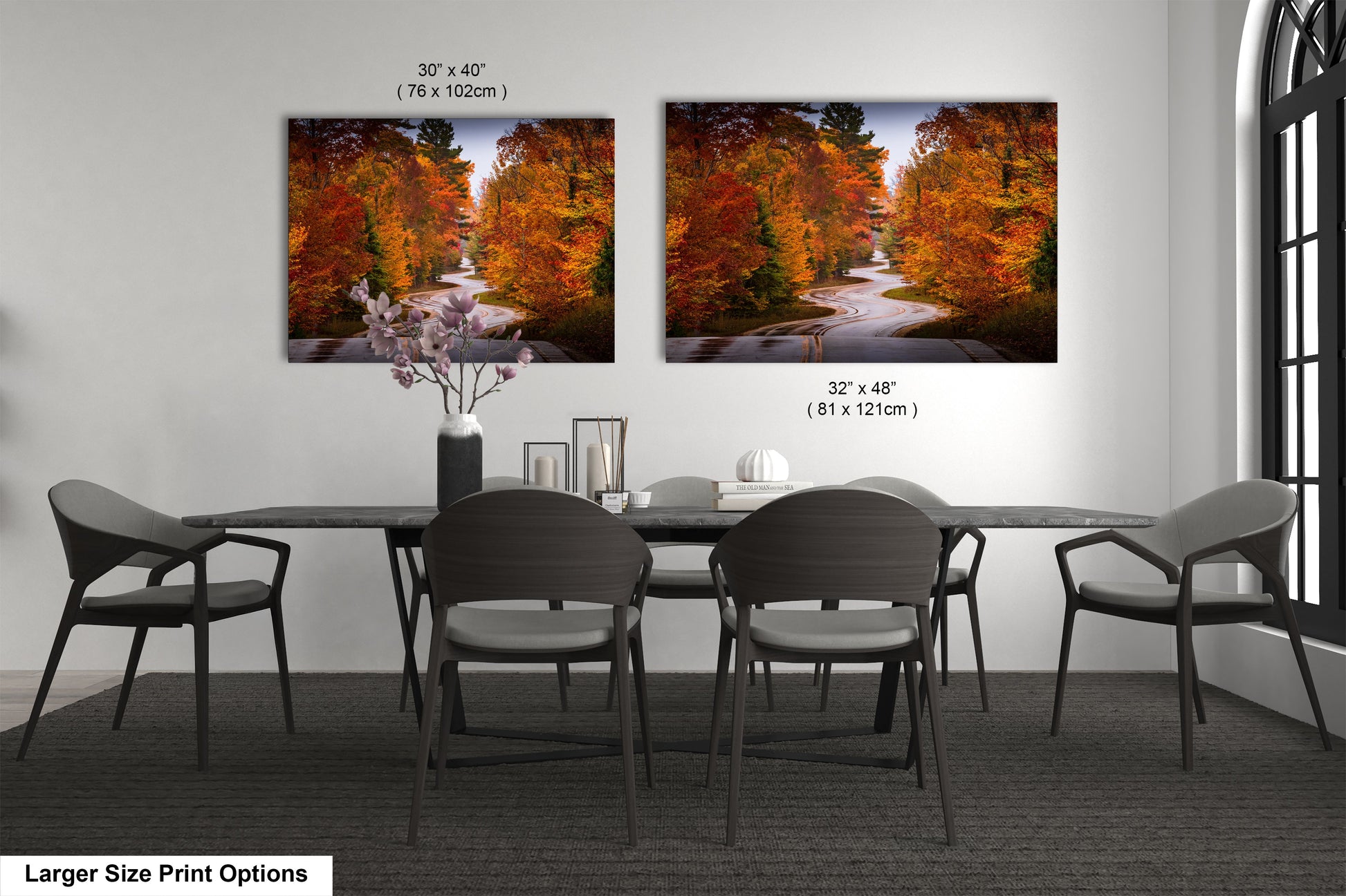 a dining room with a table and chairs