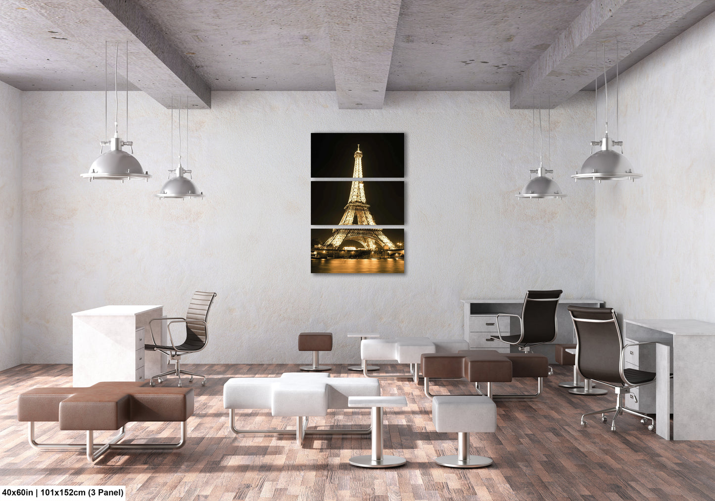 a room with a desk, chairs and a painting of the eiffel tower