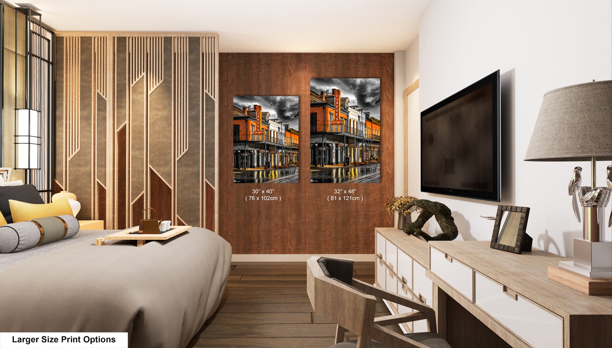 a bed room with a neatly made bed and a flat screen tv