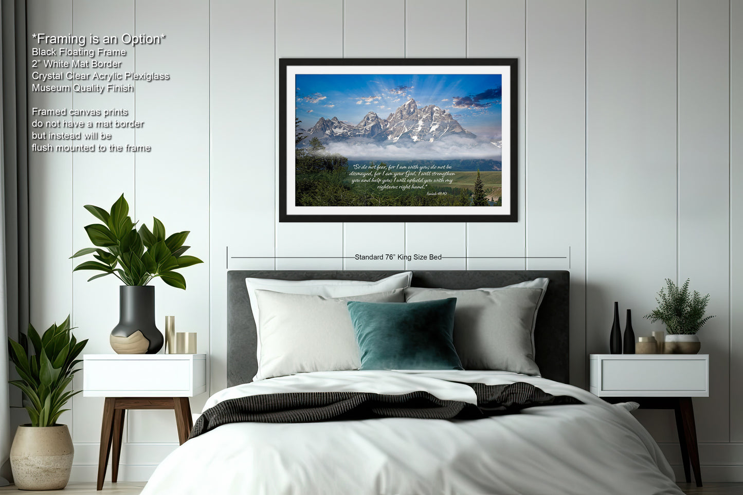 a bedroom with a large bed and a picture on the wall