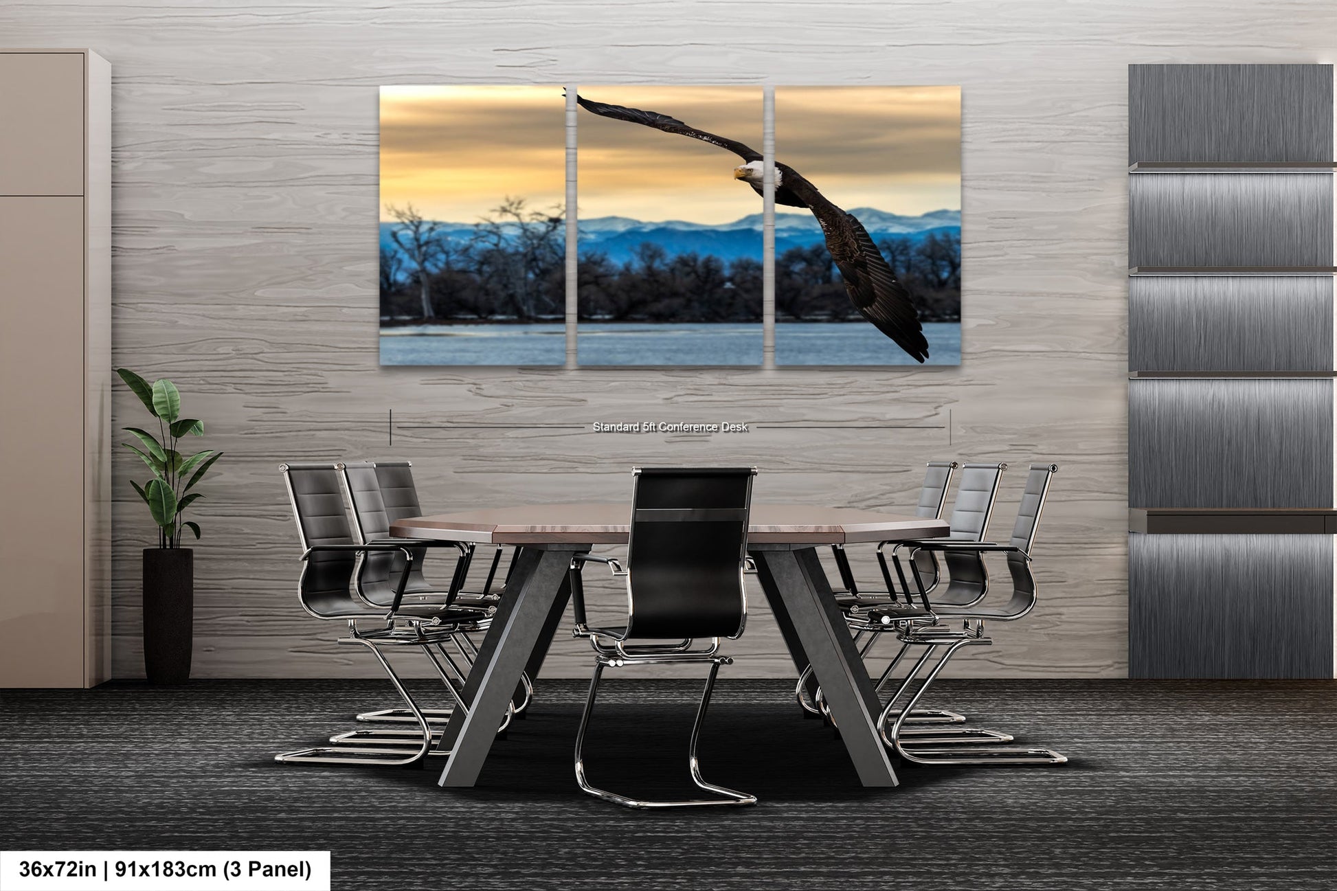 a dining room table with a bird flying over it