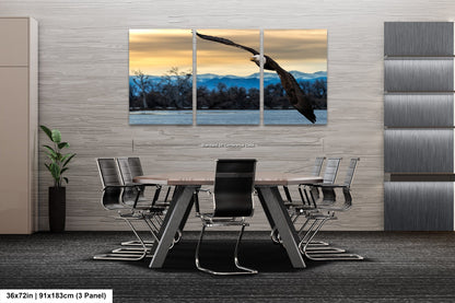 a dining room table with a bird flying over it