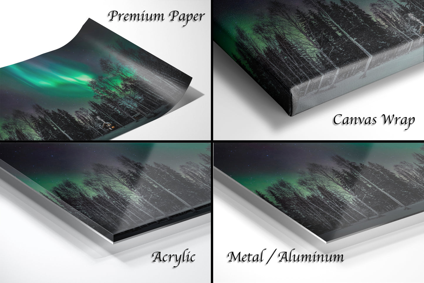 a series of four photos of a forest with a green aurora light