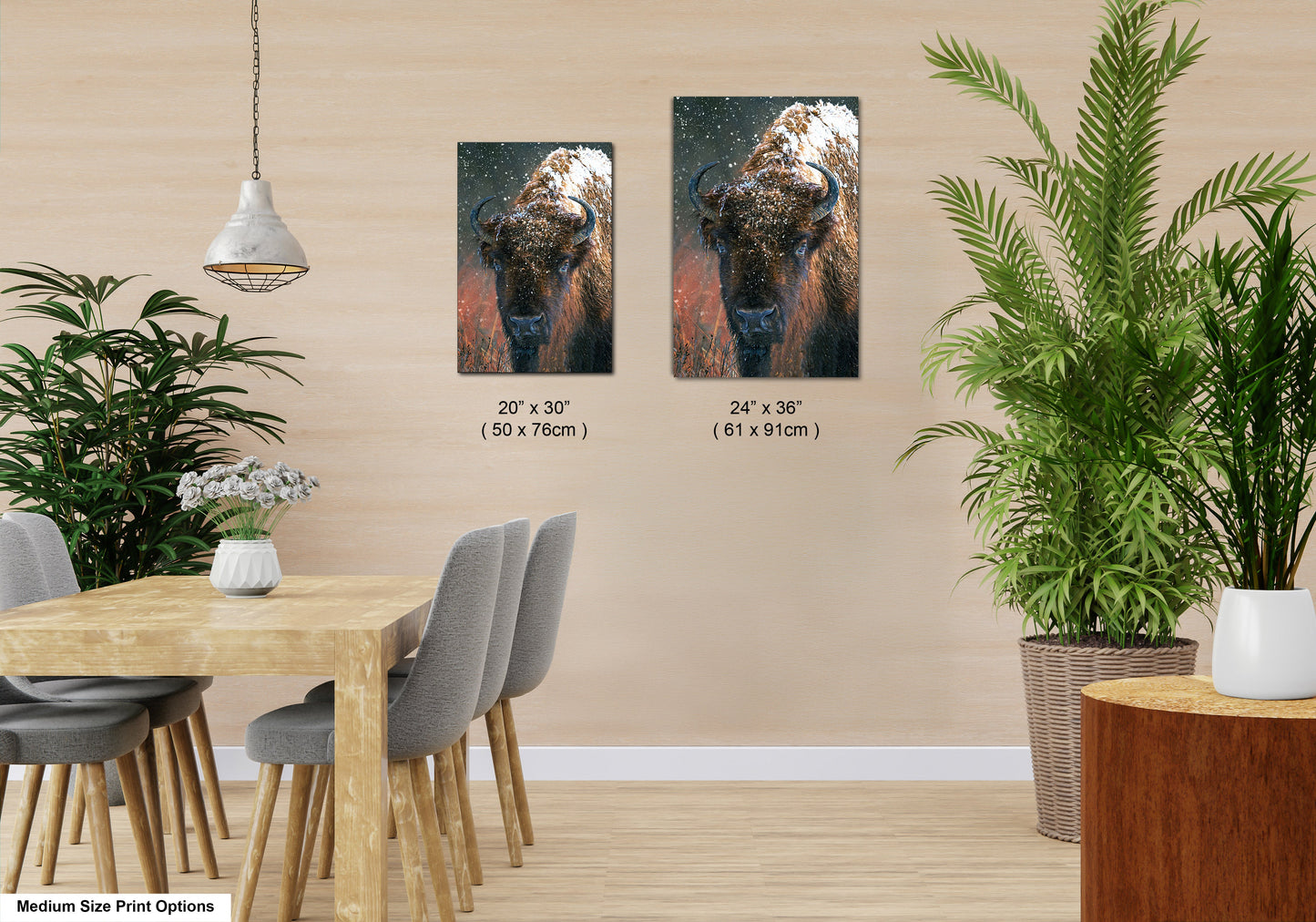 a room with a table and chairs and a painting of an elephant on the wall