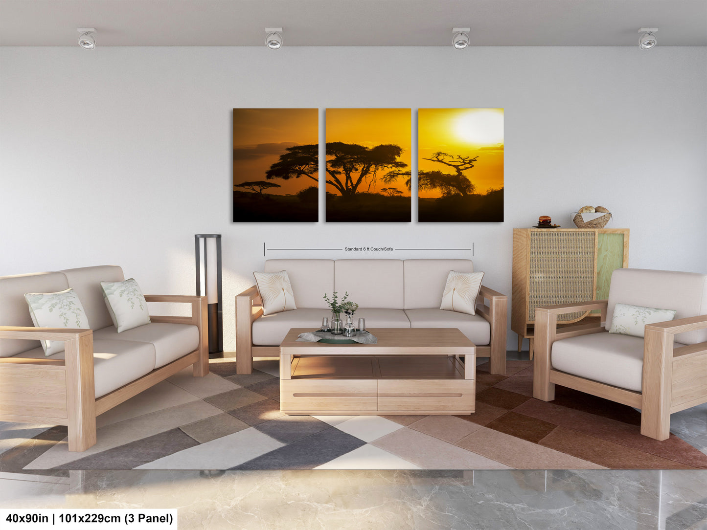 a living room filled with furniture and a painting on the wall