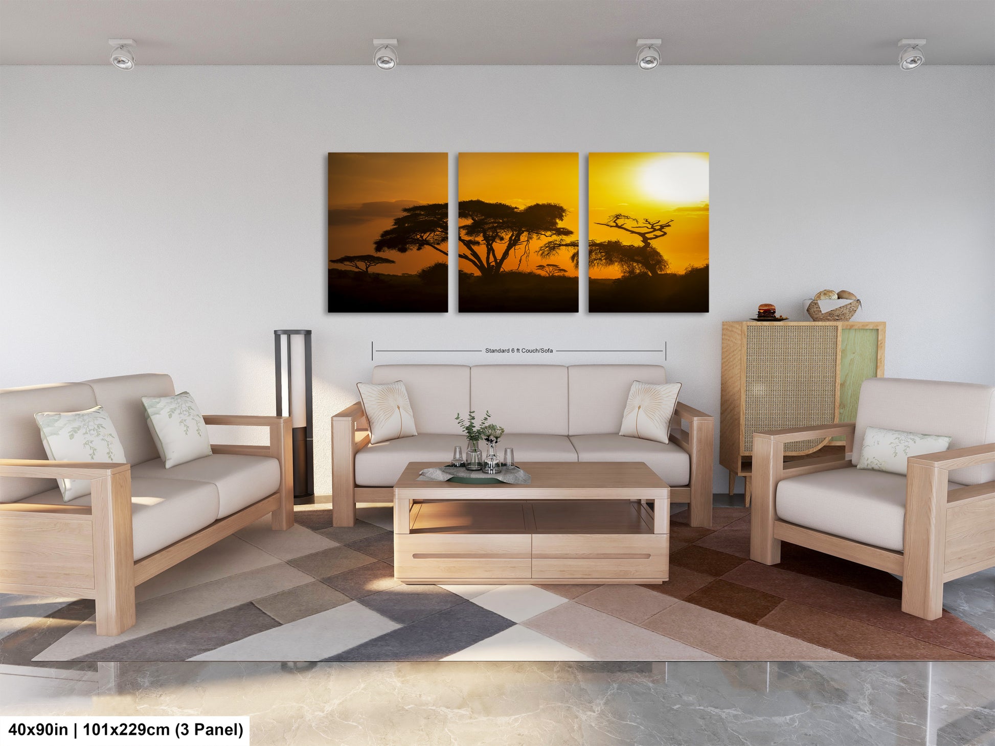 a living room filled with furniture and a painting on the wall