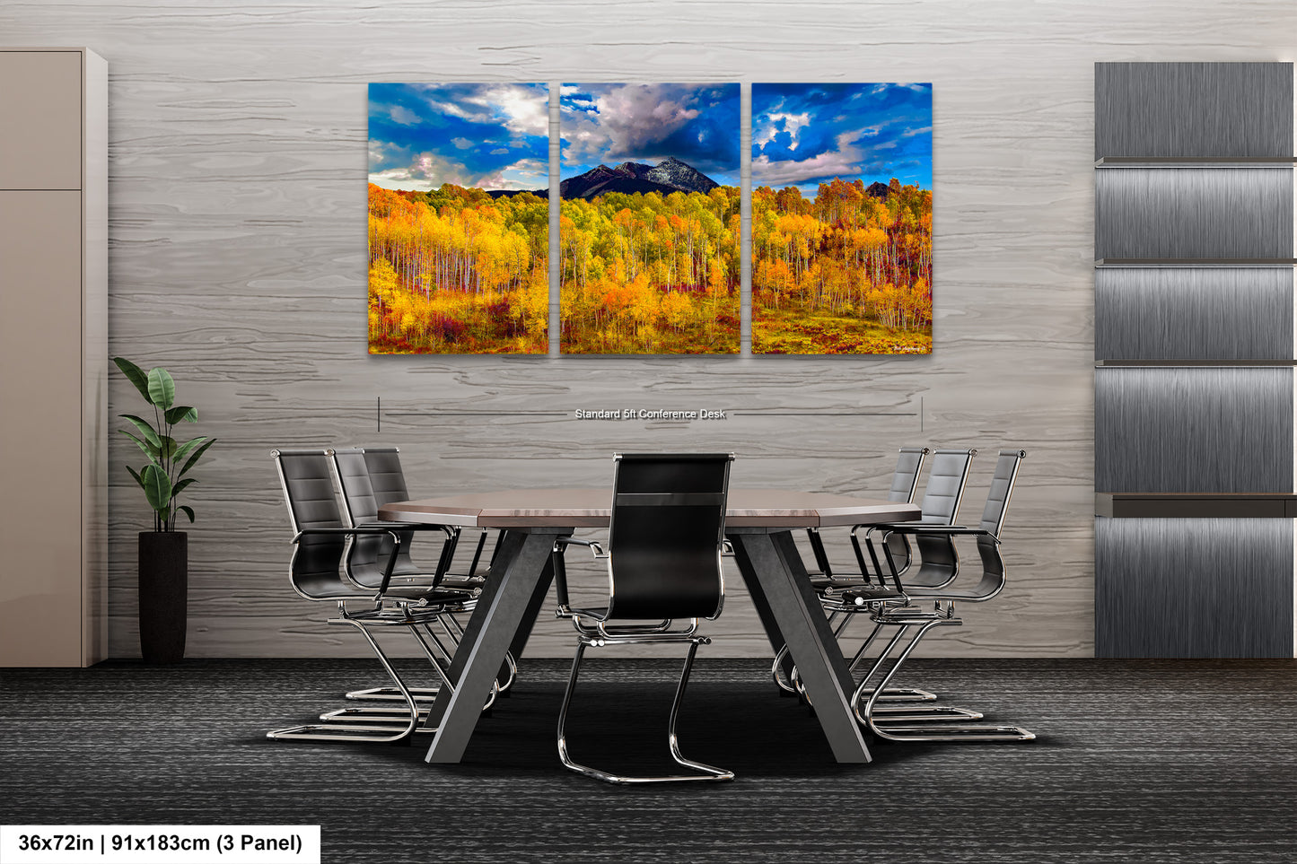a dining room table with chairs and a painting on the wall