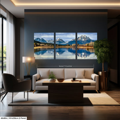 A modern living room with a large wall-mounted landscape painting depicting a serene mountain lake scene.