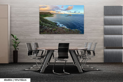 a dining room table with chairs and a painting on the wall