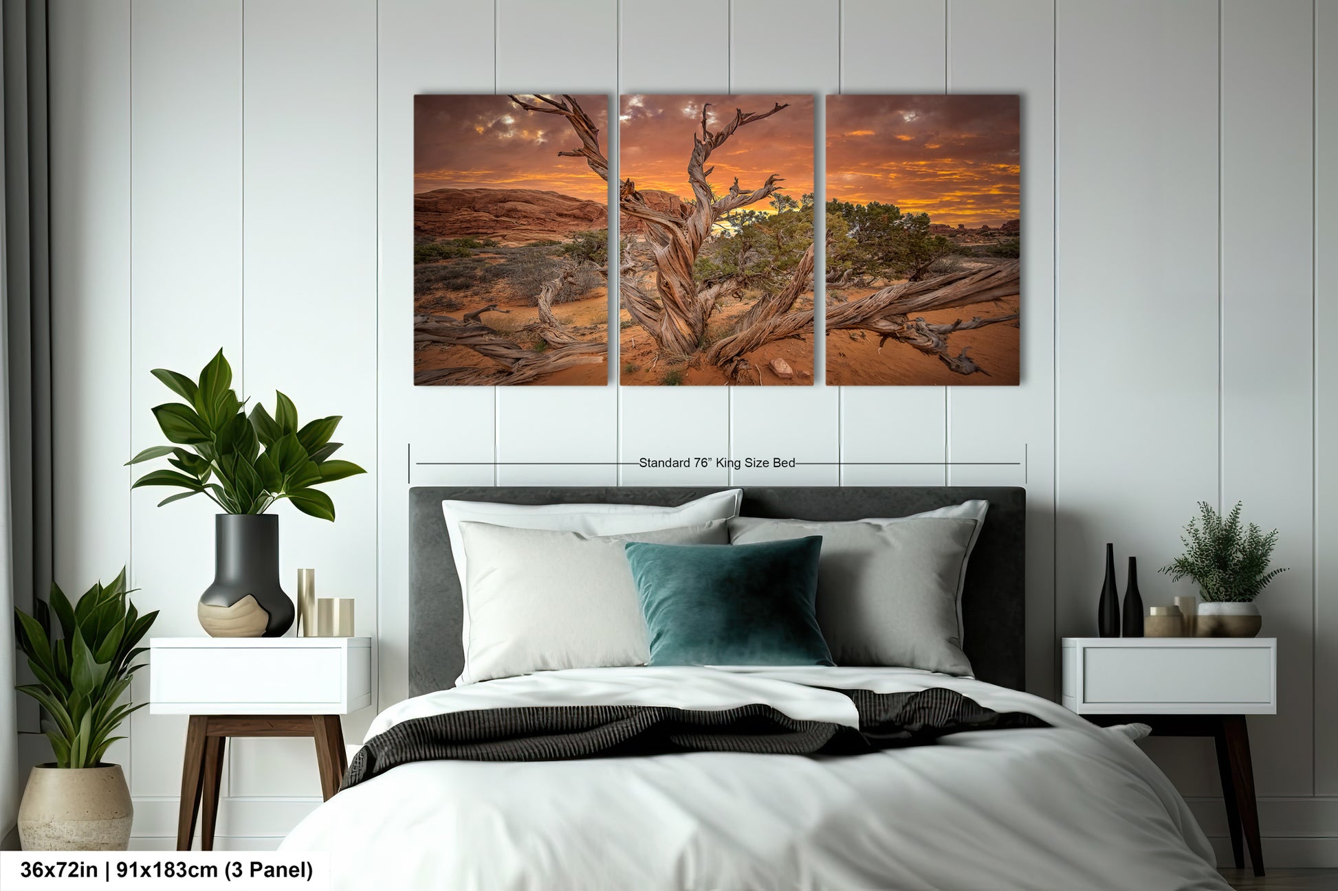 a bedroom scene with a bed and two paintings