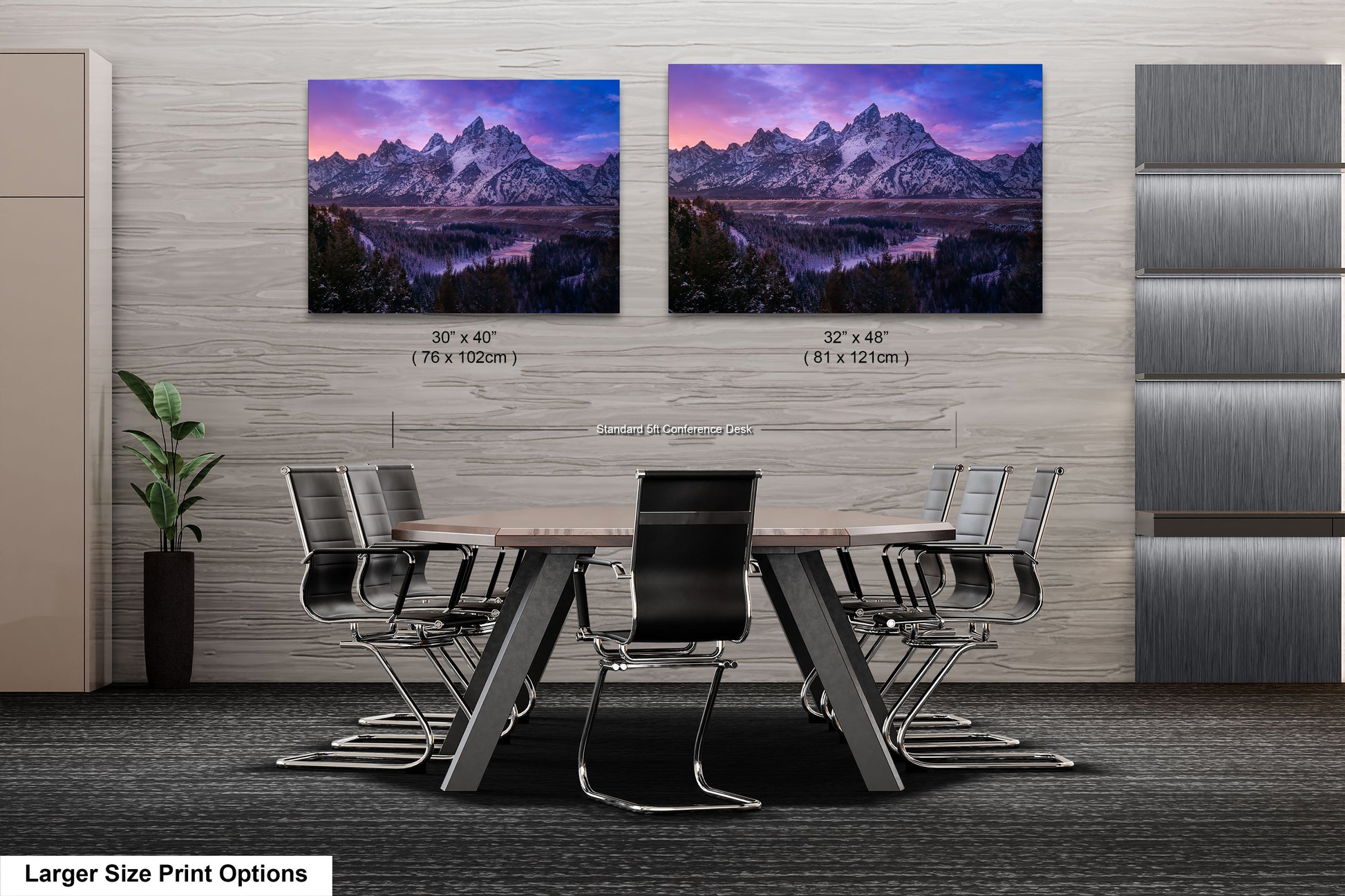 a dining room table with chairs and two pictures on the wall