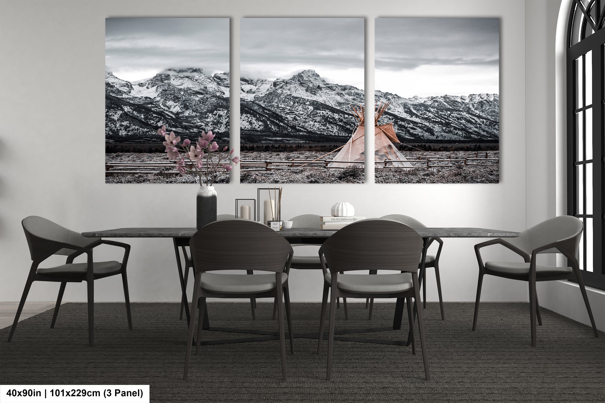 a dining room with a table and four chairs