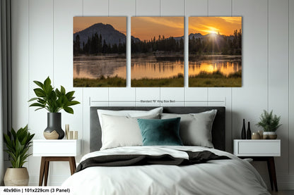 a bedroom scene with a bed and two paintings on the wall