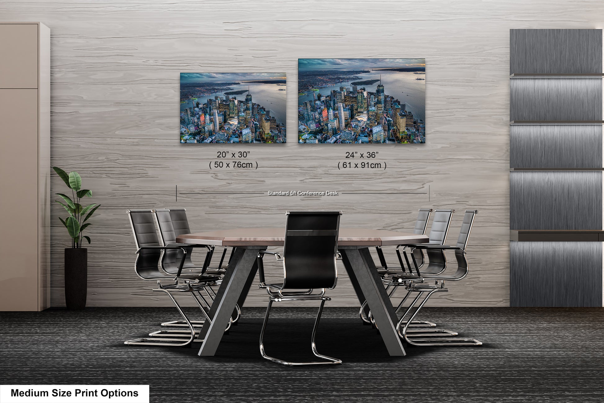 a dining room table with chairs and two pictures on the wall