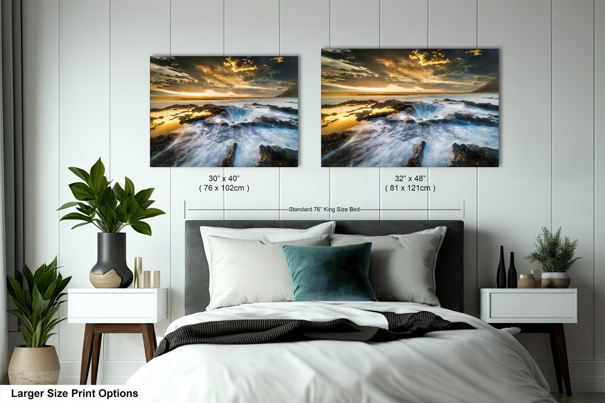 a bedroom with a bed and two pictures on the wall
