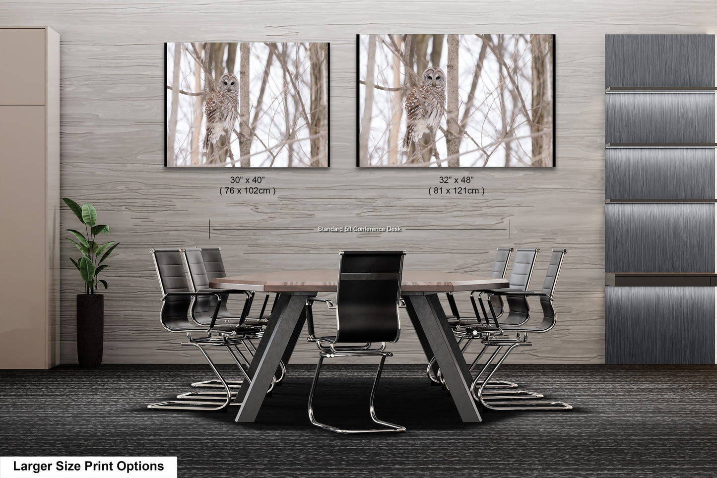 a dining room table with chairs and two pictures of a giraffe