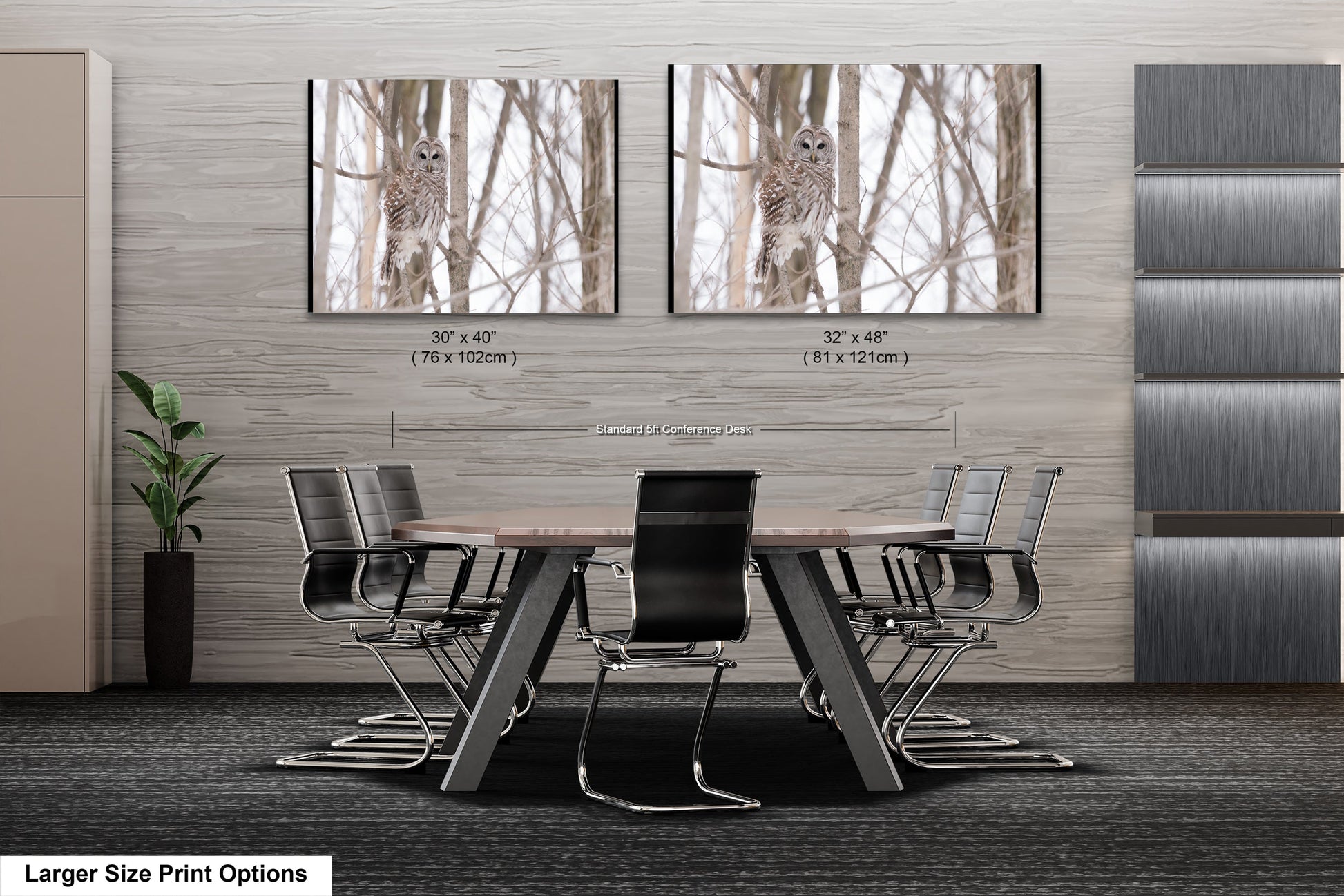 a dining room table with chairs and two pictures of a giraffe