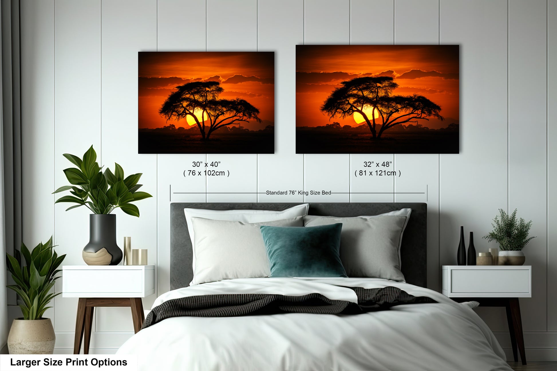 a bedroom with a bed and two pictures on the wall