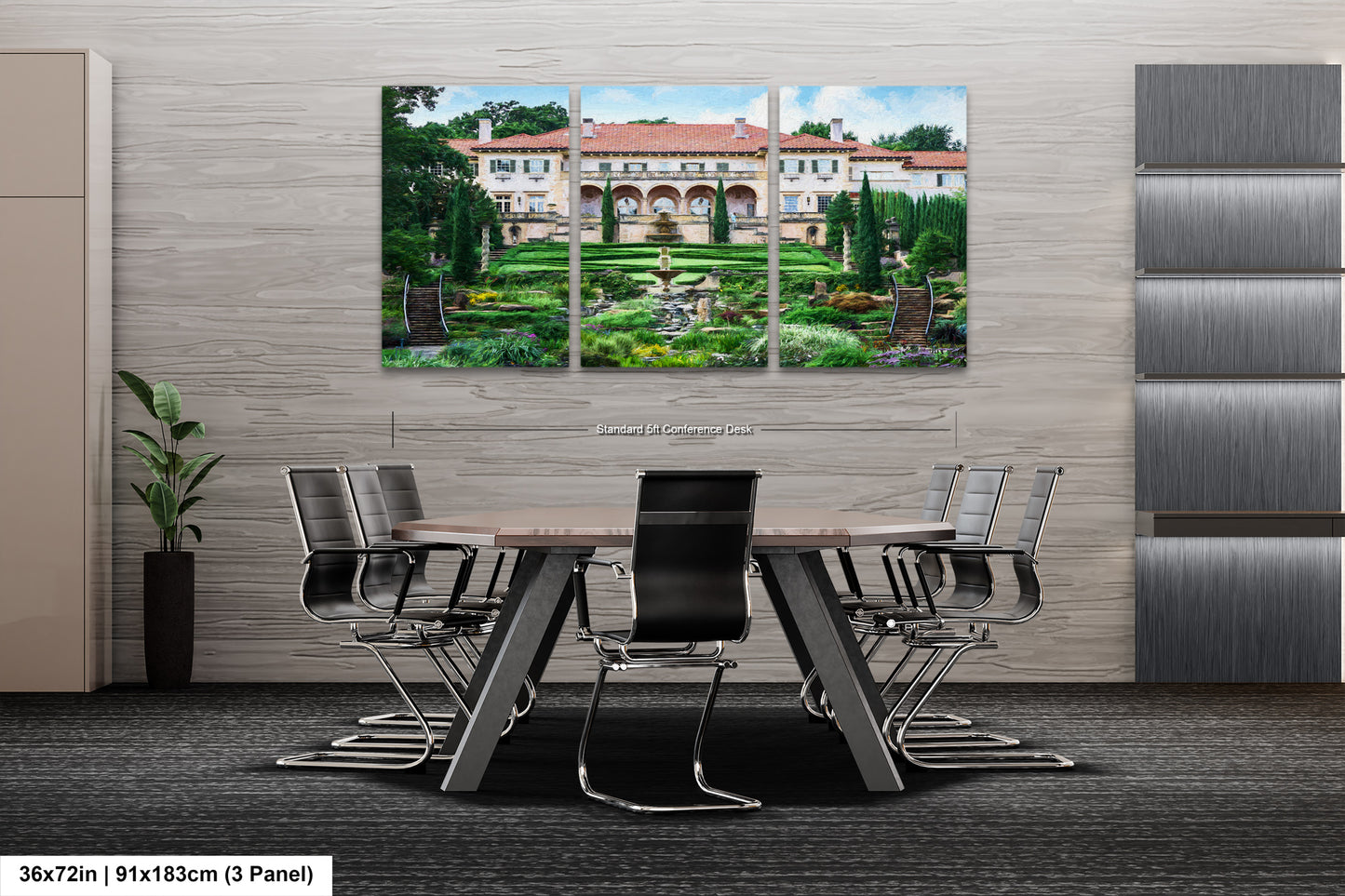 a dining room table with chairs and a painting on the wall