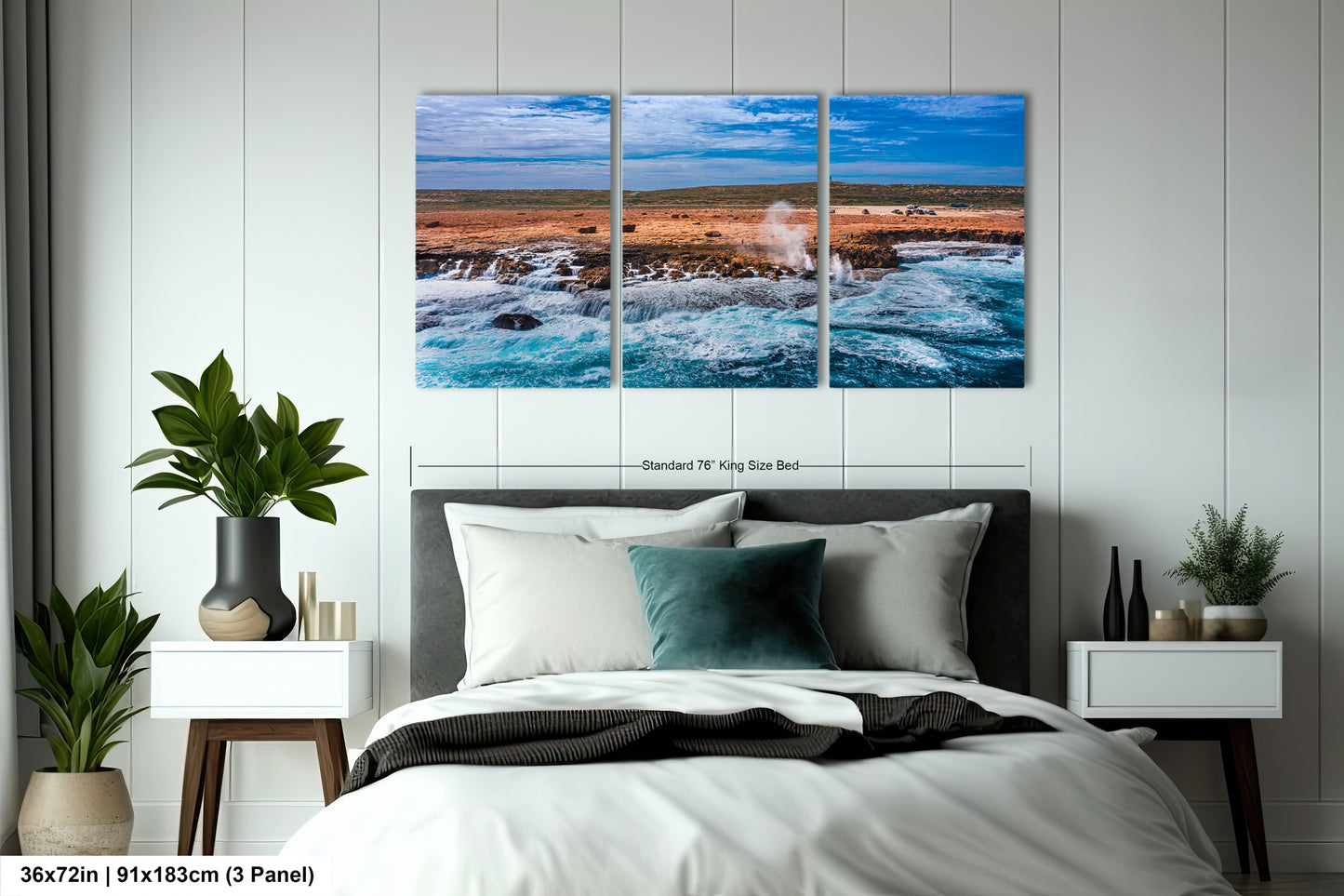 a bedroom scene with focus on the bed and the ocean