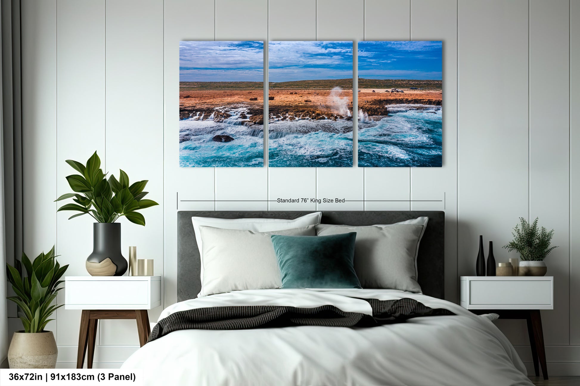a bedroom scene with focus on the bed and the ocean